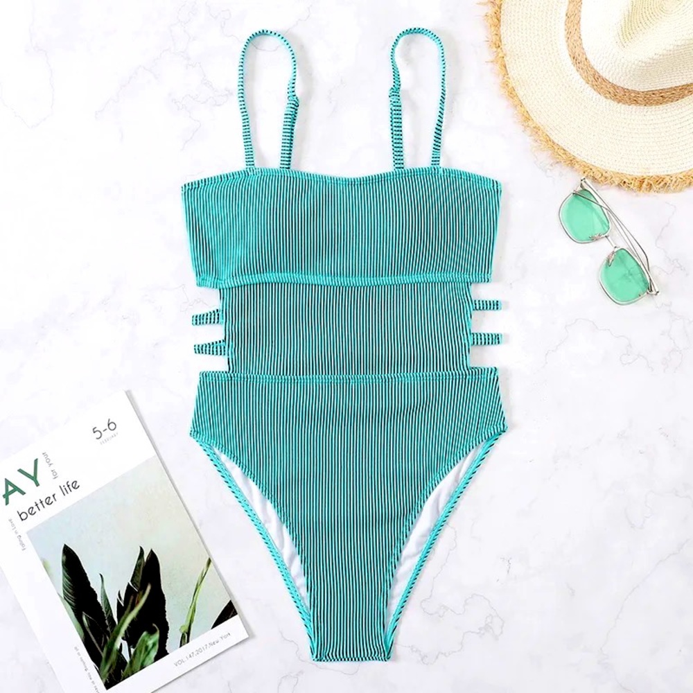 New Ribbed , textured turquoise, aqua one piece swimsuit